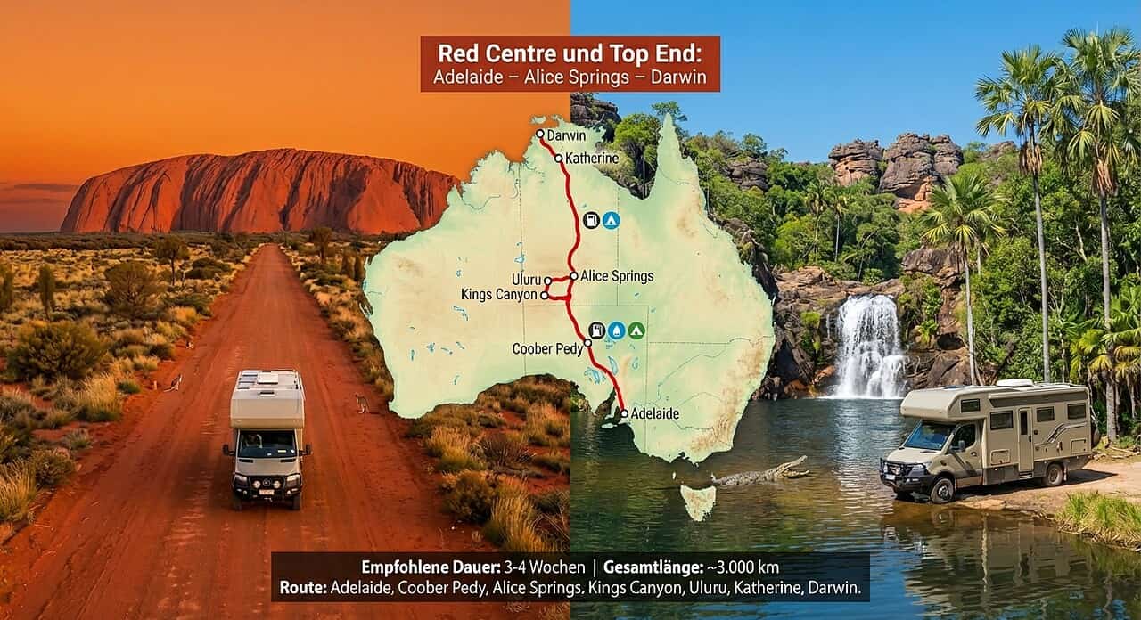 Camper dans l'outback australien avec une carte et une chute d'eau en arrière-plan, climatisé et flexible sur la route.
