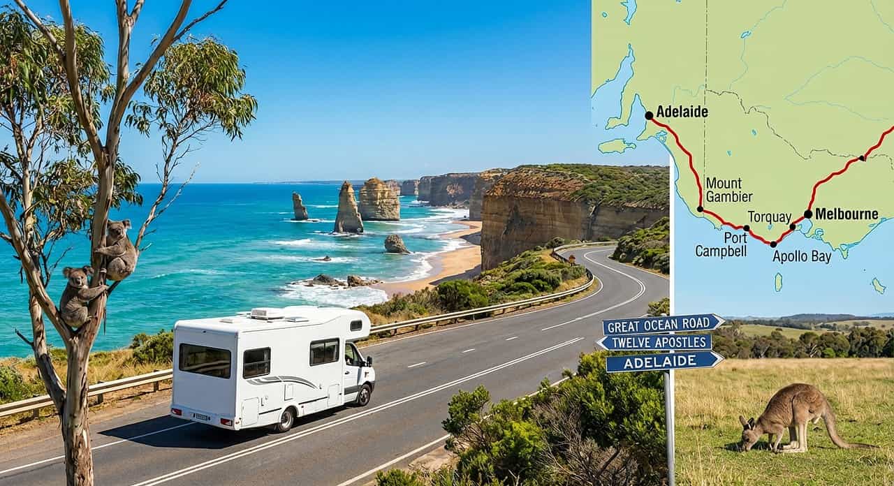 Camping-car sur une route côtière australienne avec des kangourous, des rochers et la mer en arrière-plan.